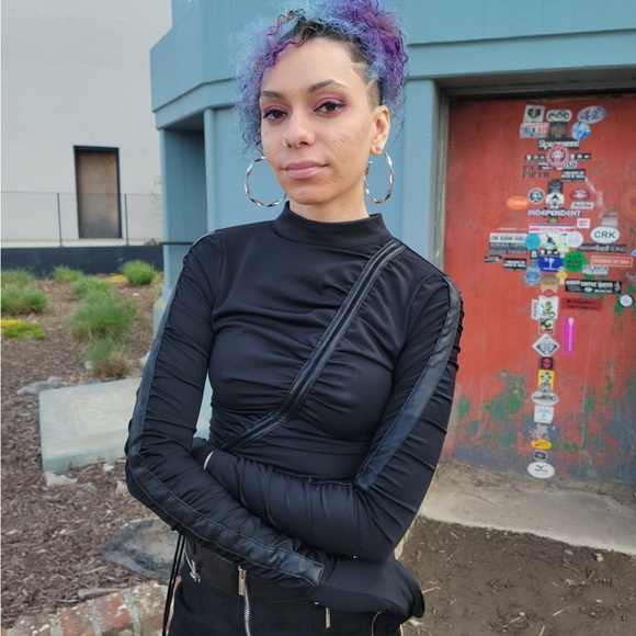 Black Glove Bodysuit with Ruching - Picture 2 of 4